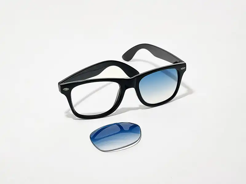Black sunglasses with blue gradient replacement lens showing lens material detail