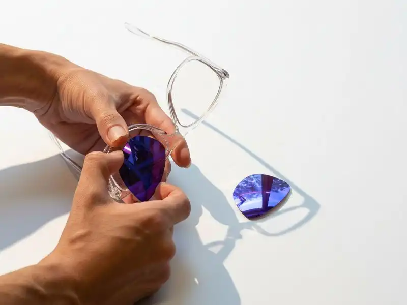 Hands installing a replacement sunglass lens into a frame, demonstrating repair and reuse instead of replacement.
