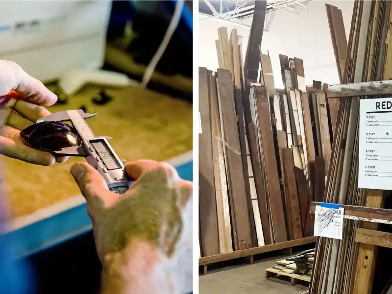 Gros plan sur des verres de lunettes de soleil mesurés en vue de leur remplacement, à côté de matériaux en bois de récupération dans un centre de réutilisation.