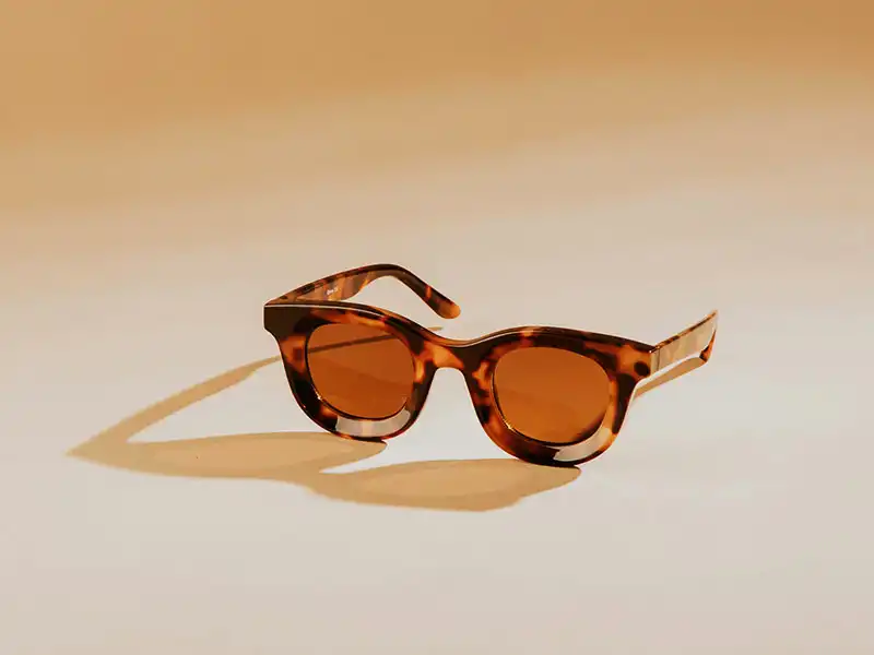 Lunettes de soleil en acétate épais motif écaille avec verres marron chaud sur fond neutre Lunettes de soleil en acétate épais motif écaille avec verres marron chaud sur fond neutre