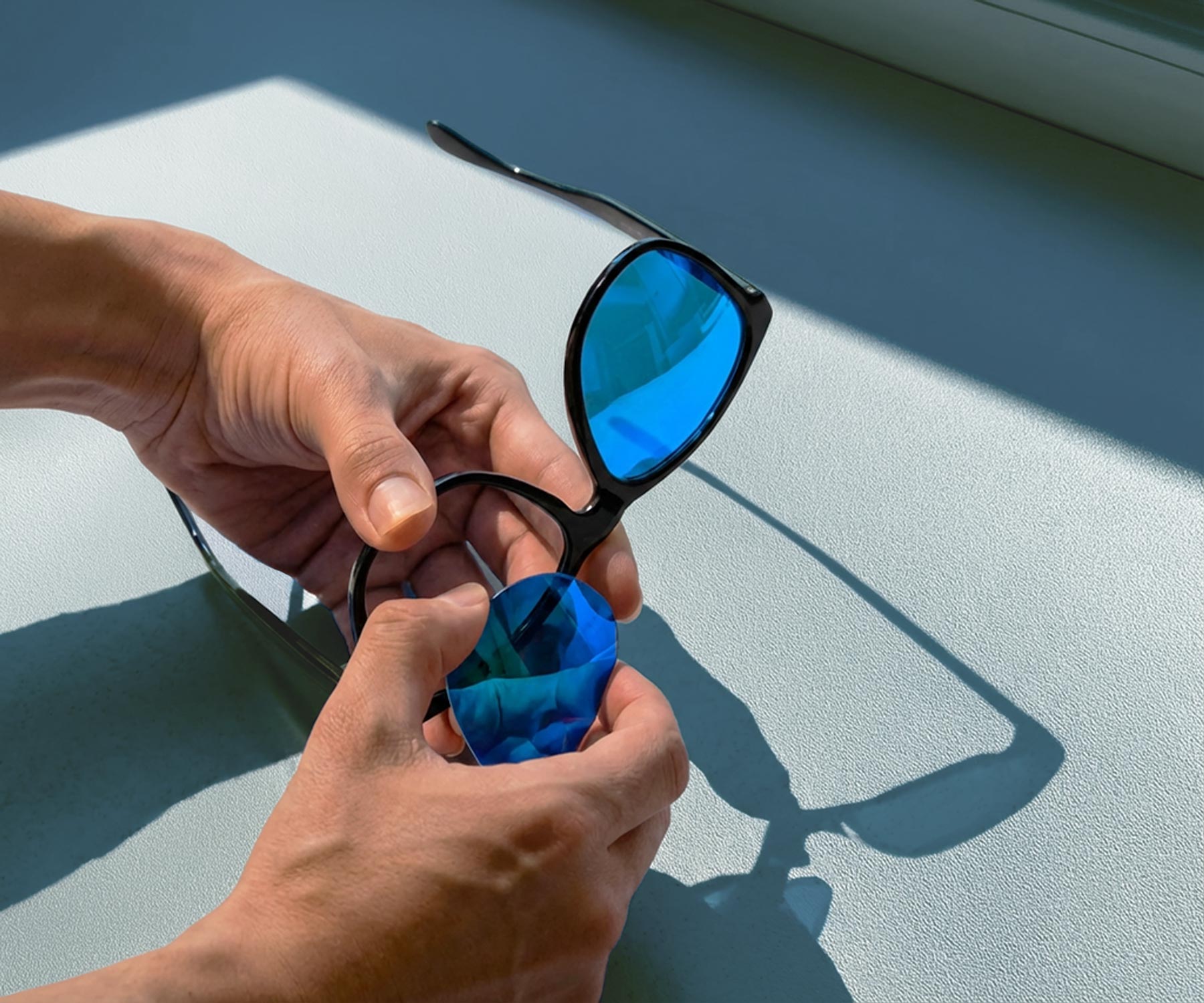 Close up of custom lens installation