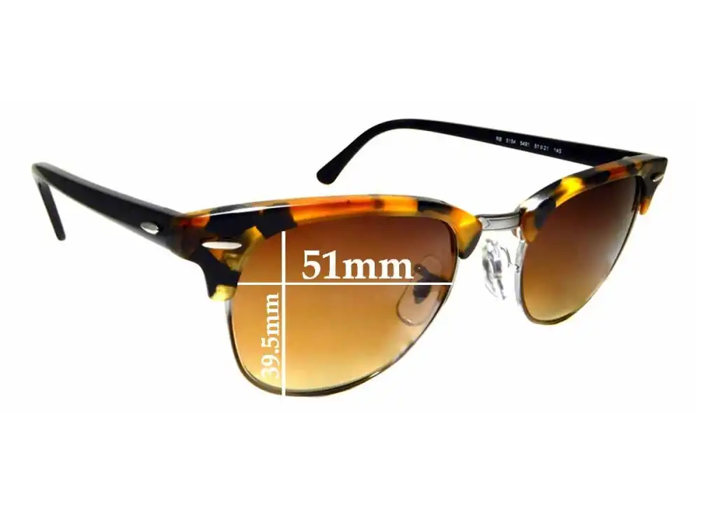 Sunglass Fix Replacement Lenses for Ray Ban RB5154 Clubmaster - 39.5mm Tall - 51mm Wide Sunglass Fix Replacement Lenses for Ray Ban RB5154 Clubmaster - 39.5mm Tall - 51mm Wide